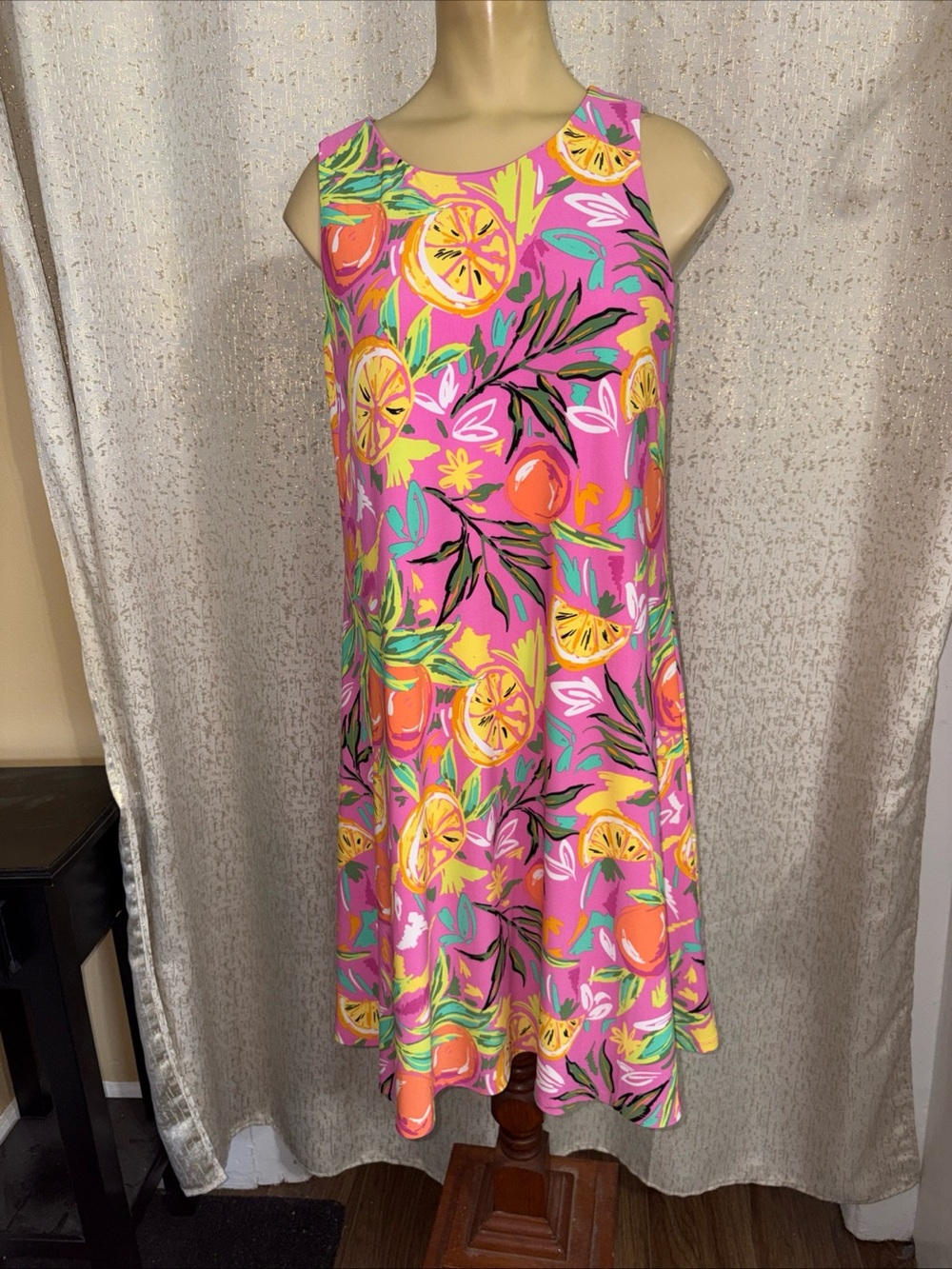 Papa all fruit print pink dress, size Small